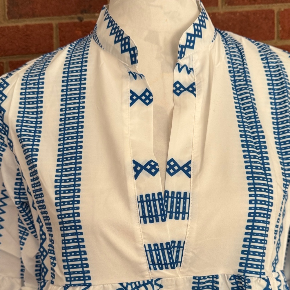 Blue and White Tribal Like Patterned Lightweight Sundress - Picture 2 of 12